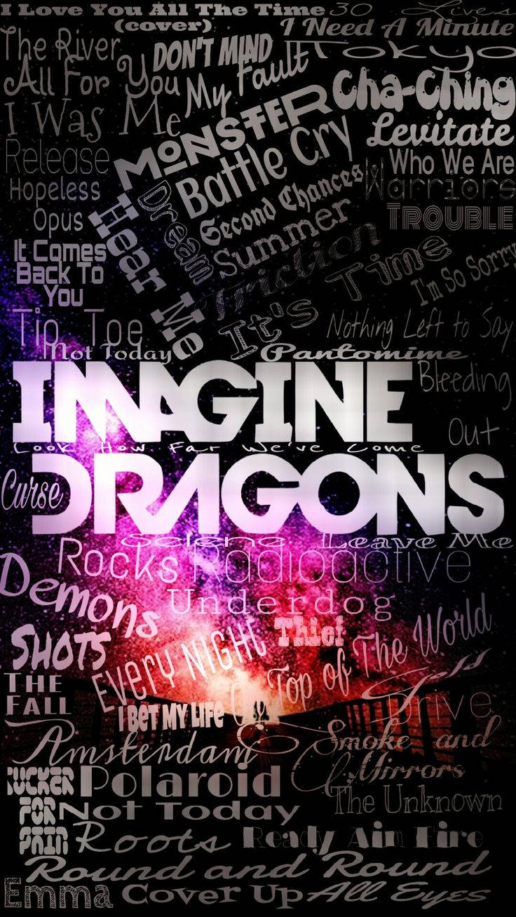 Dragons 桌布 壁紙 — 一個充滿活力的宇宙背景，充滿了以各種字體和大小重疊的歌曲標題和樂隊名稱。