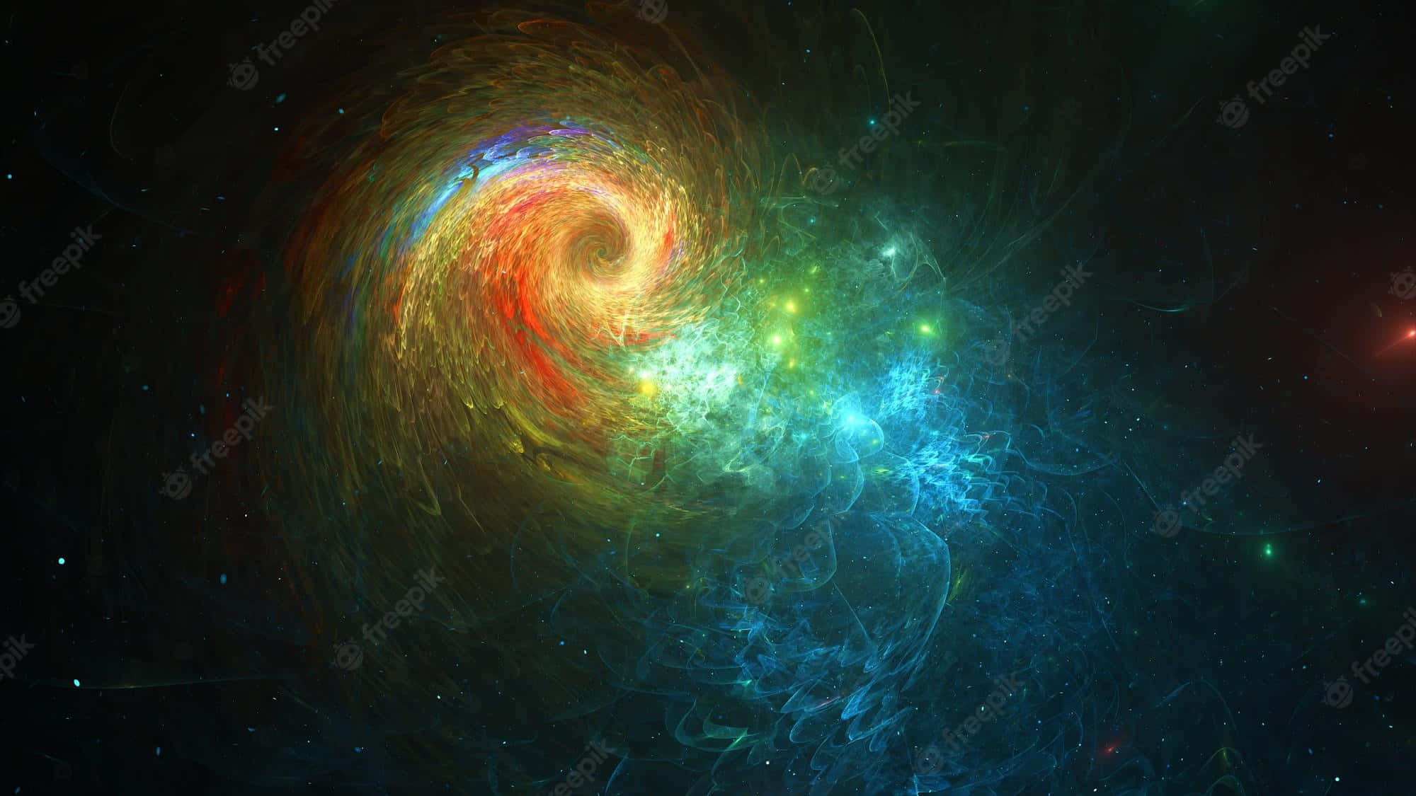 桌布 壁紙 — 一個充滿活力的宇宙螺旋星系，在佈滿星辰的黑色虛空中，以火紅、黃色和冷藍色調旋轉。