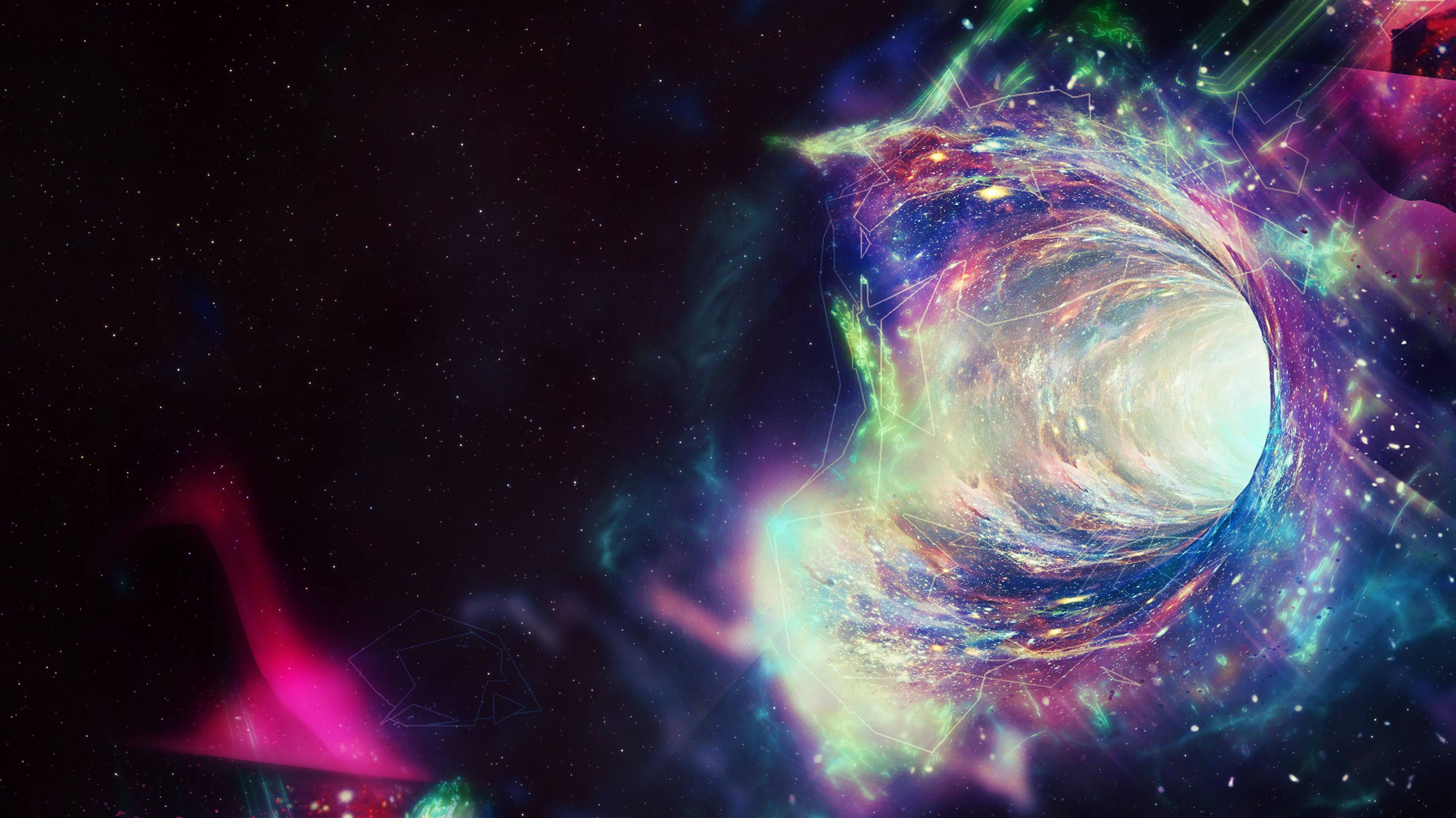 美學 桌布 壁紙 — 一個充滿活力的宇宙蟲洞在星空中以霓虹色調旋轉，發出電能光芒。