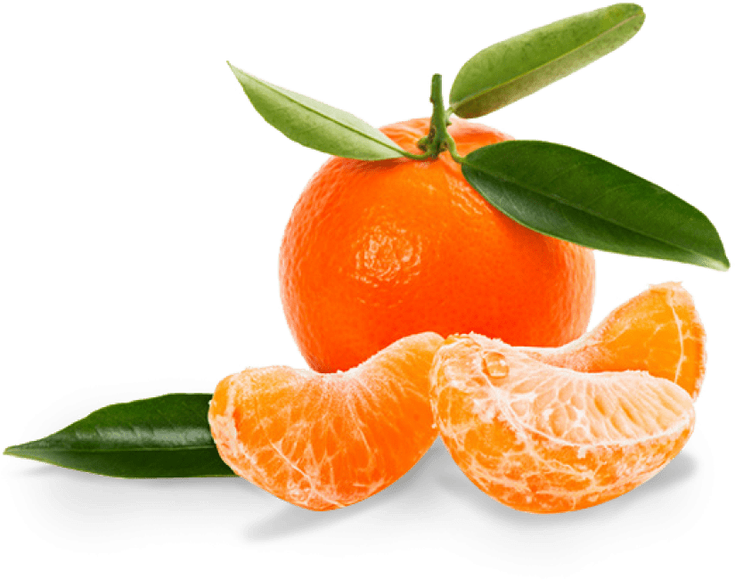 mandarin 桌布 壁紙 — 一個充滿活力的完整柑橘，帶有新鮮綠葉，放在多汁的剝皮瓣旁邊，背景是鮮明的黑色。