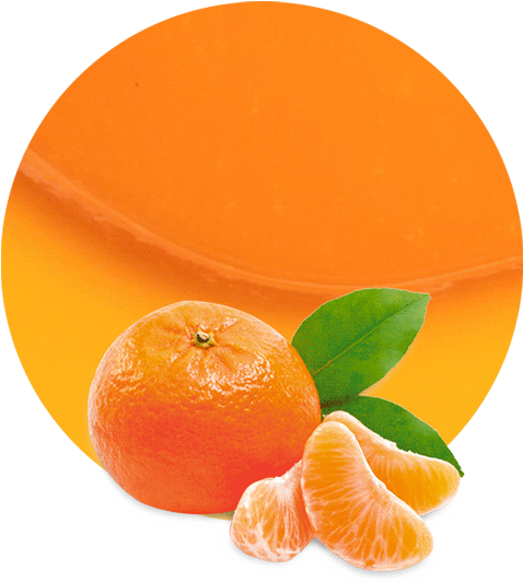 mandarin 桌布 壁紙 — 一個充滿活力的完整柑橘和已剝皮的瓣，帶有綠葉，襯以漸變橙色圓形背景。