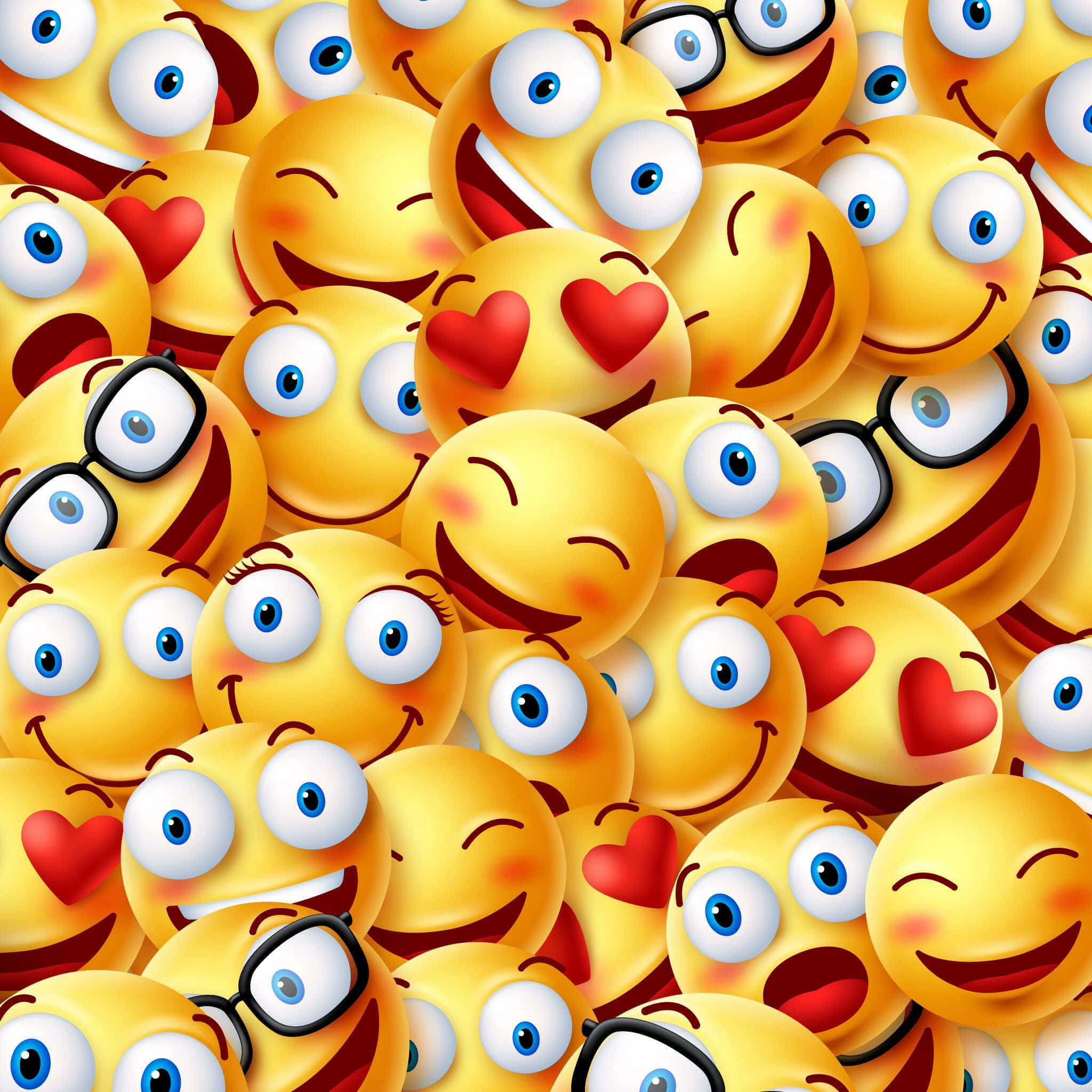 Cute Emoji 桌布 壁紙 — 一個充滿活力的密集圖案，由快樂的黃色表情符號臉孔組成，帶著心形和眼鏡，笑容燦爛。