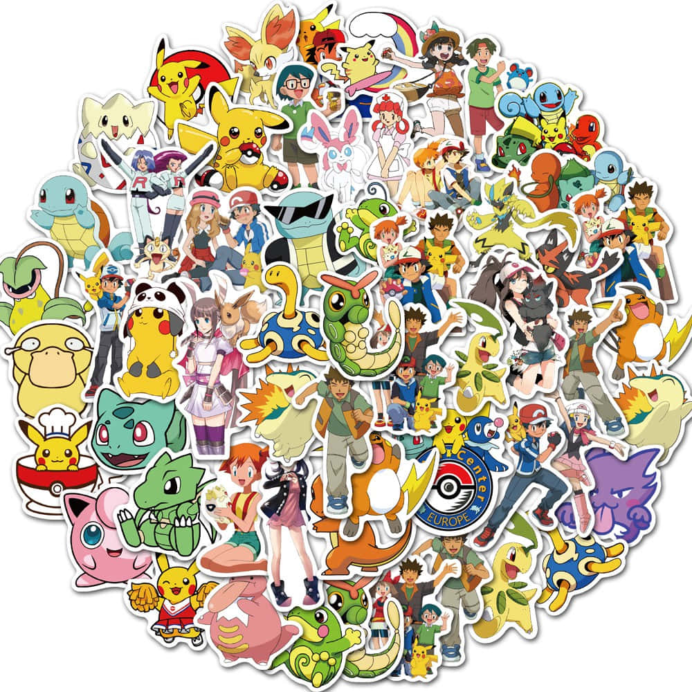 Pokemon Stickers 桌布 壁紙 — 一個充滿活力的寶可夢貼紙系列， featuring 標誌性角色如皮卡丘和訓練家以動態姿勢呈現。
