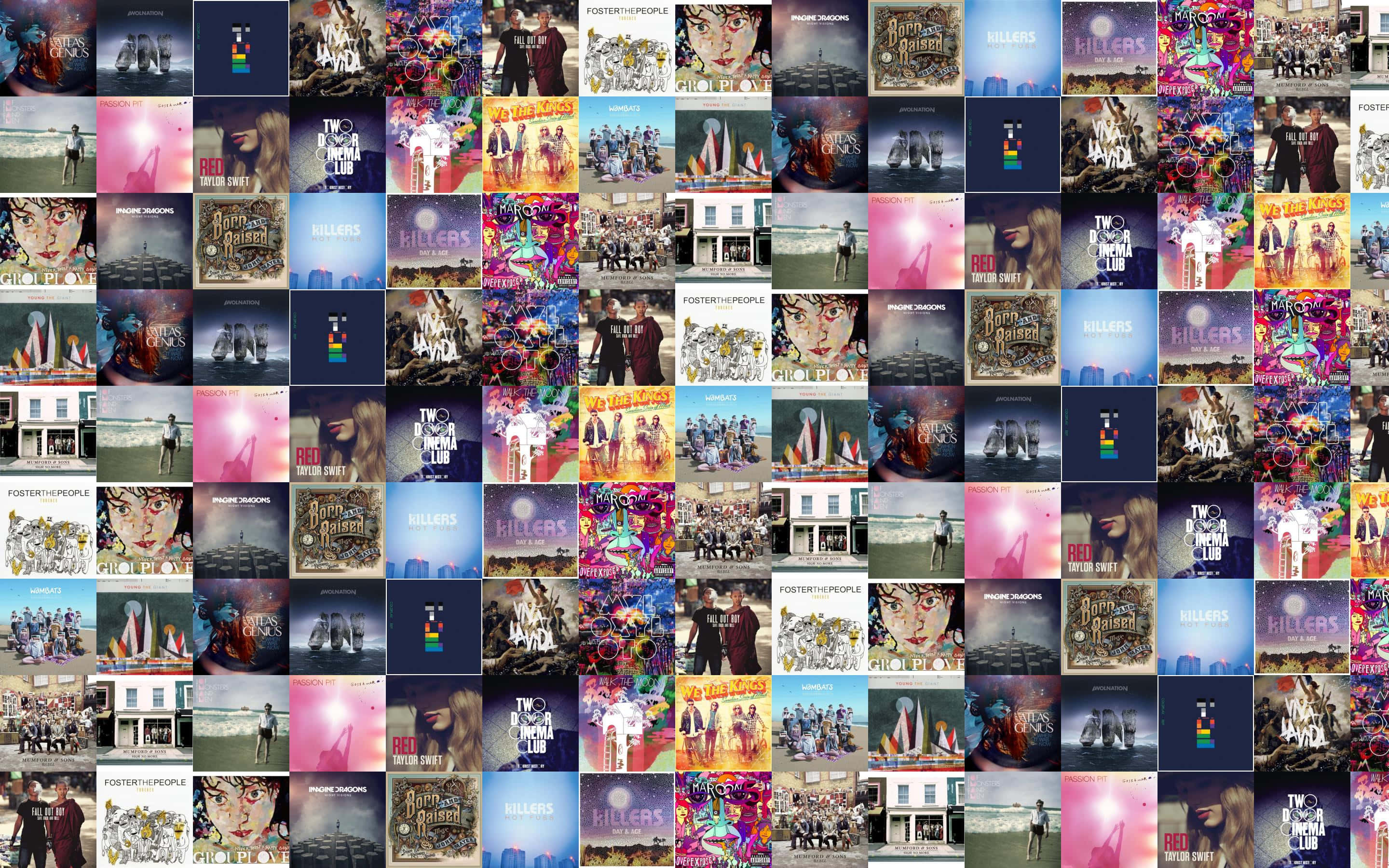 Macbook Collage 桌布 壁紙 — 一個充滿活力的專輯封面拼貼畫，展示多樣化的藝術家和色彩繽紛的藝術風格。