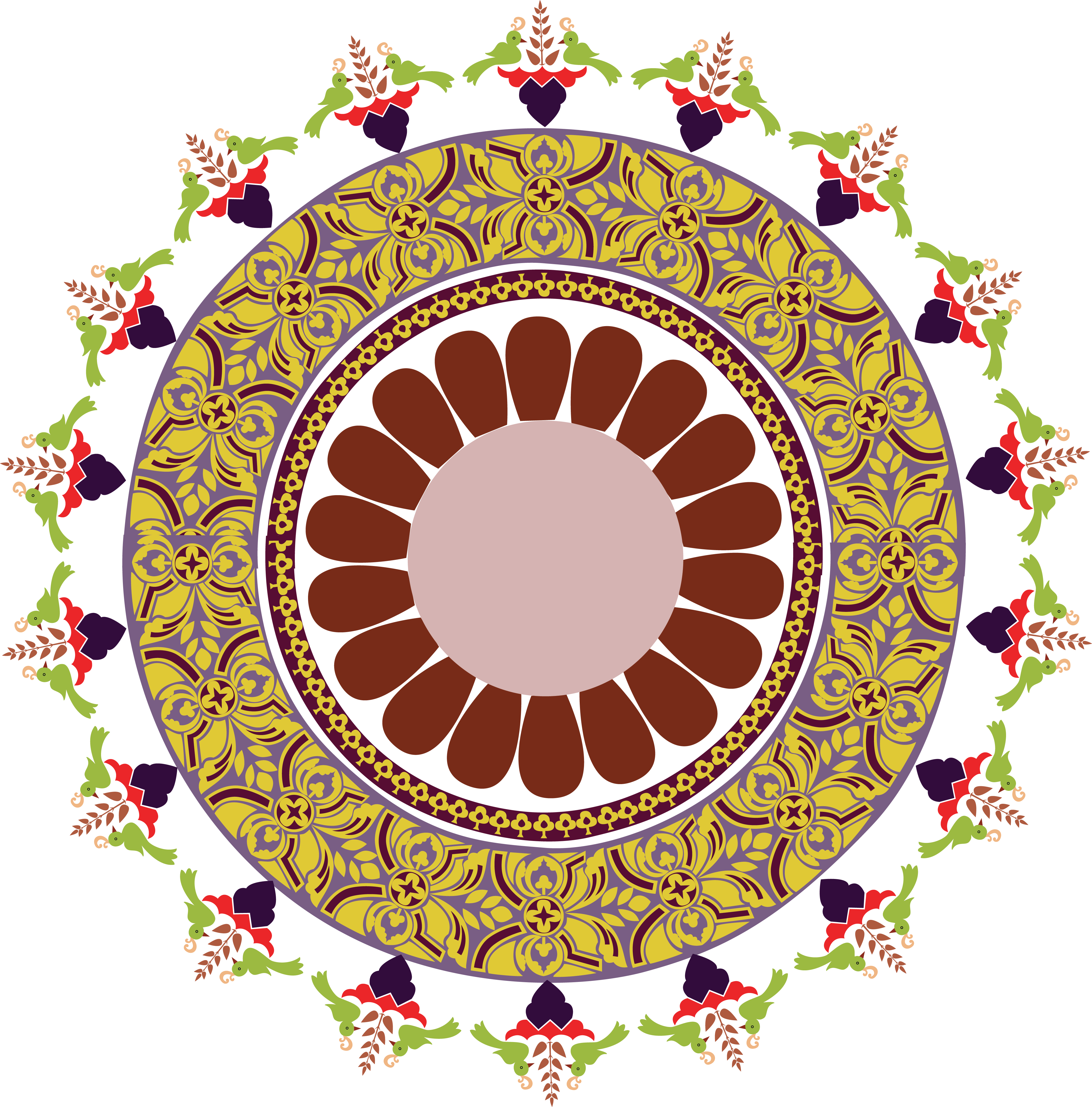 Rangoli 桌布 壁紙 — 一個充滿活力的對稱圓形圖案，帶有黃色、紫色和紅色的分層花卉圖案，圍繞著中央的棕色花瓣設計。