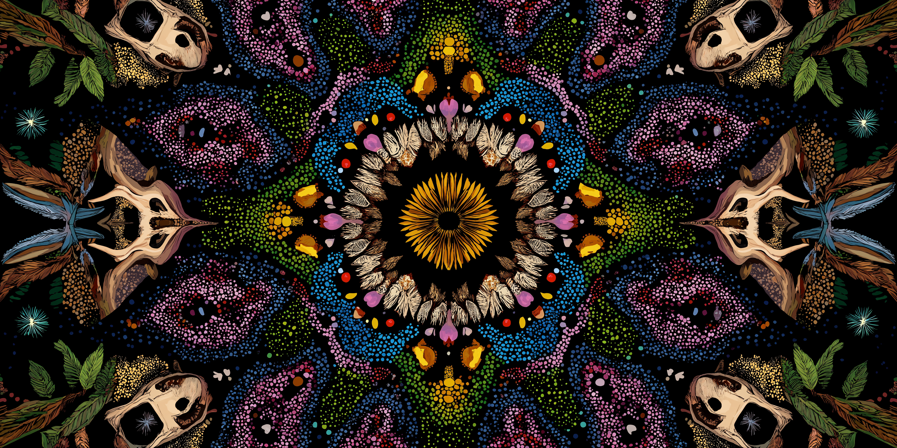 kaleidoscope 桌布 壁紙 — 一個充滿活力的對稱曼陀羅，中心有金色太陽爆發，周圍環繞著色彩繽紛的羽毛頭骨和發光點，背景為深色。