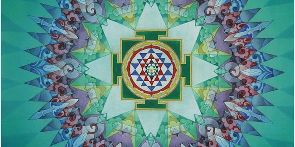 Holistic 桌布 壁紙 — 一個充滿活力的對稱曼陀羅，帶有幾何圖案和漩渦狀圖案，從中央神聖圓圈向藍綠色背景輻射。