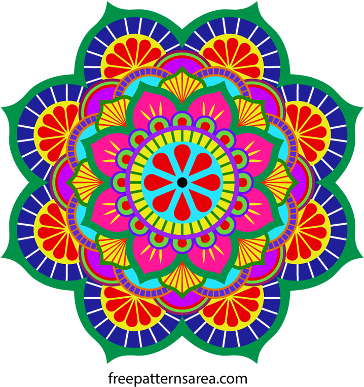 Clip Art 桌布 壁紙 — 一個充滿活力的對稱曼陀羅，帶有從中心黑點放射出的鮮明紅、粉紅、藍和綠色幾何花瓣。