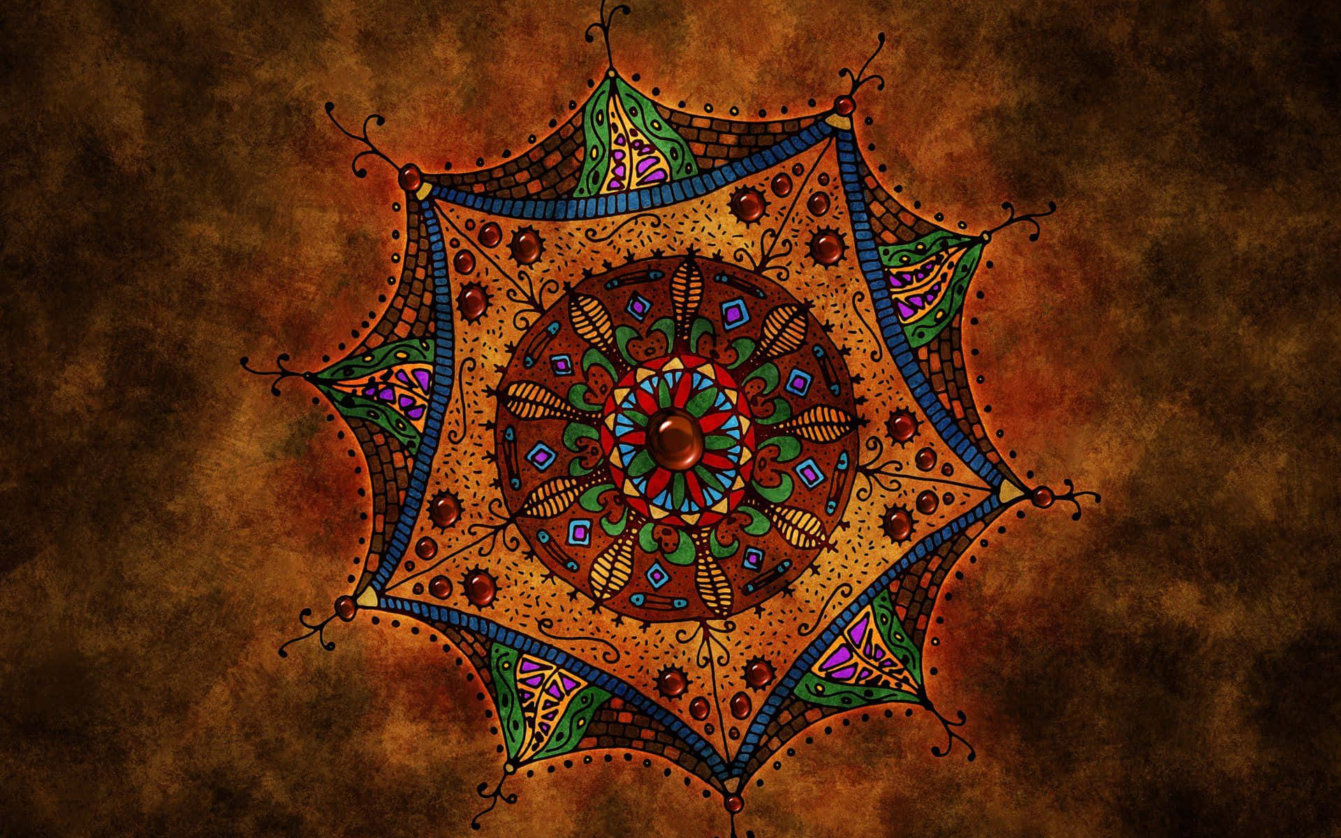 Illustration 桌布 壁紙 — 一個充滿活力的對稱曼陀羅，帶有複雜的圖案和寶石色調，從中心核心向外輻射，背景為帶有紋理的棕色背景。