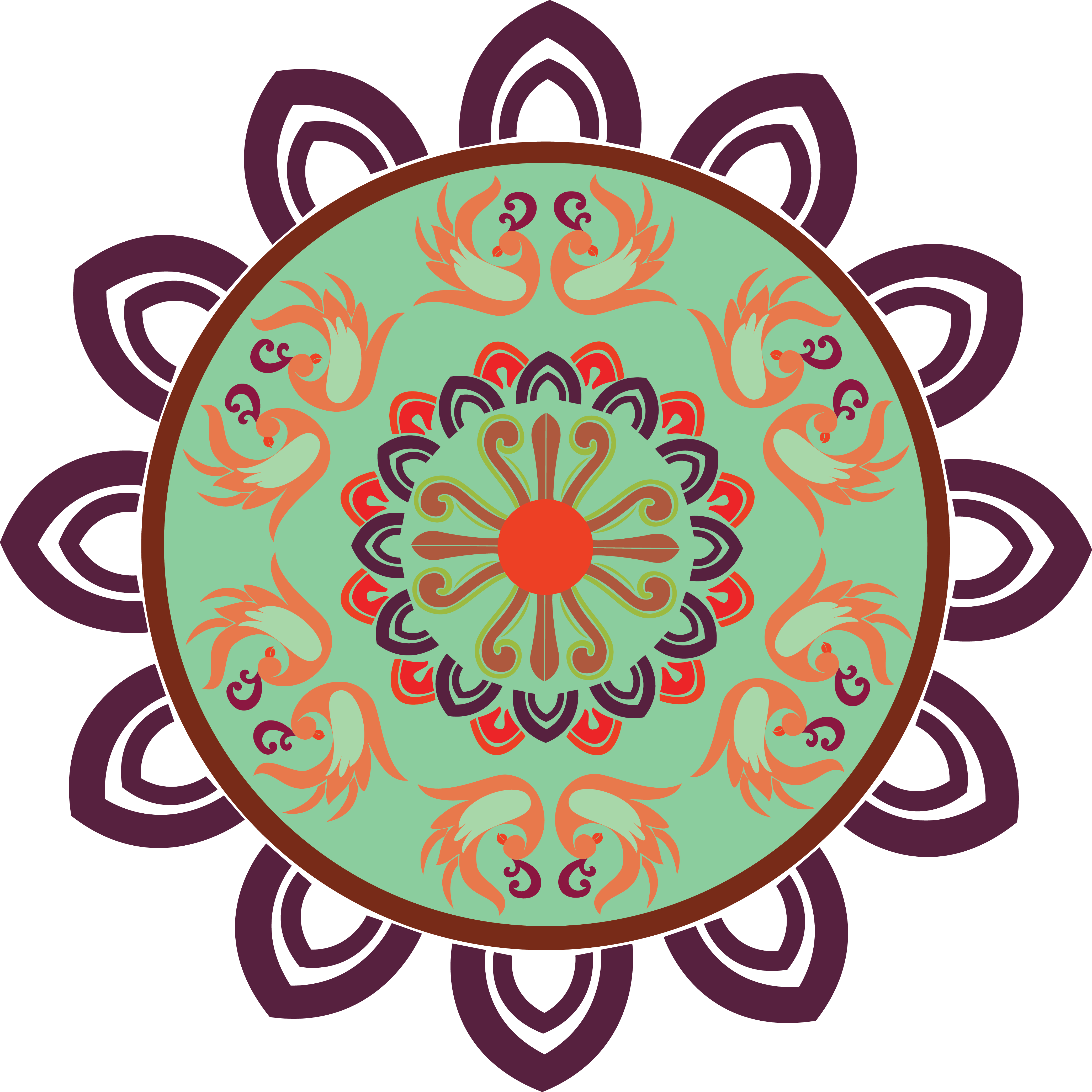 Rangoli 桌布 壁紙 — 一個充滿活力的對稱曼陀羅，橙色鳥和紫色花瓣從紅色中心在薄荷綠背景上輻射出來。