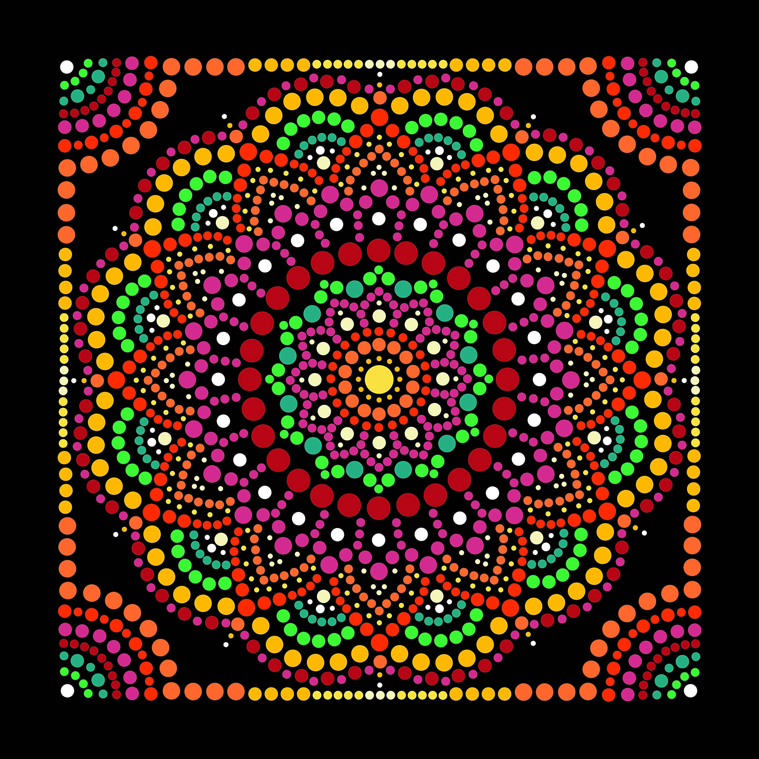 Plaid 桌布 壁紙 — 一個充滿活力的對稱曼陀羅，由從中央黃色核心向外輻射的多色圓點組成，背景為黑色。
