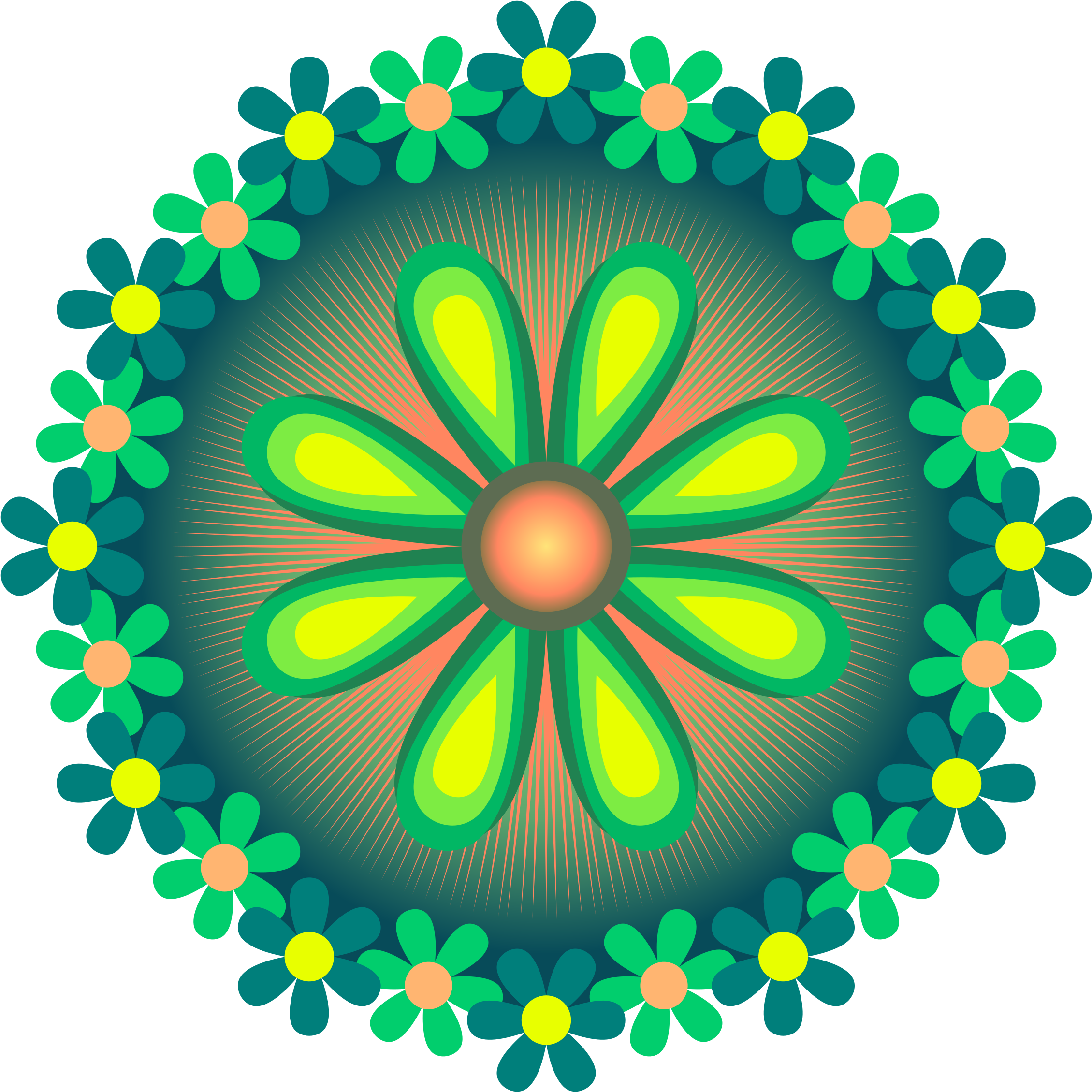 Rangoli 桌布 壁紙 — 一個充滿活力的對稱花卉曼陀羅，帶有發光的綠色花瓣和一個在黑暗背景下的光芒中心。