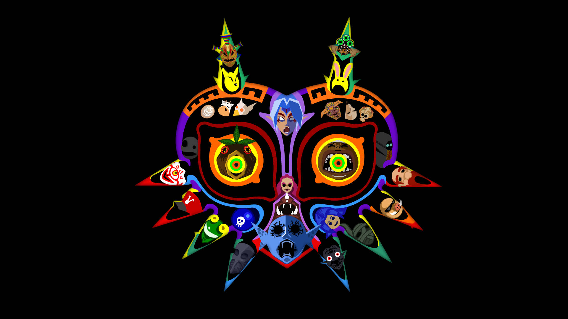 Majora's Mask 桌布 壁紙 — 一個充滿活力的對稱面具，飾有色彩繽紛的卡通面孔和發光的眼睛，背景為黑色。