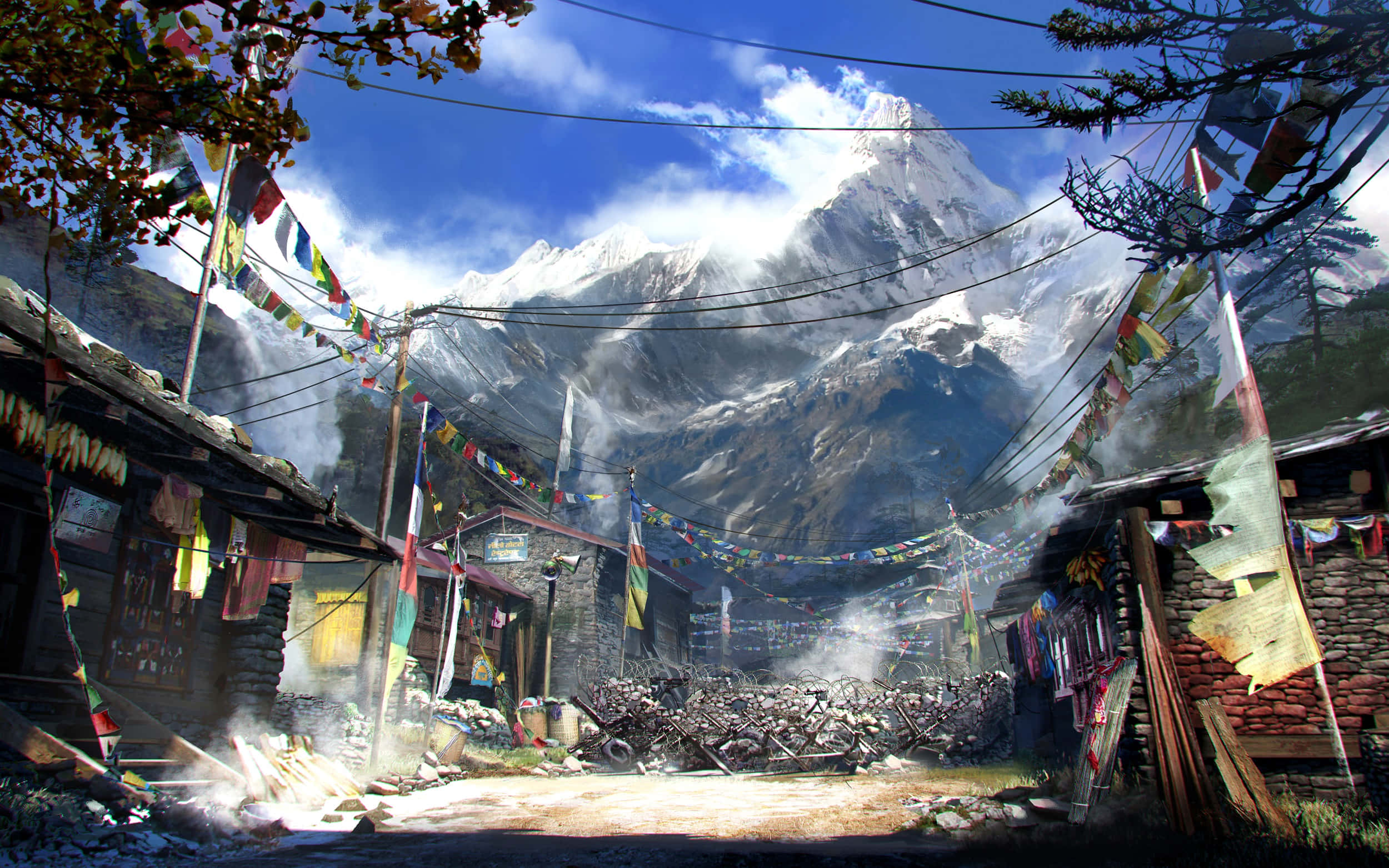 Village 桌布 壁紙 — 一個充滿活力的山村，坐落在白雪皚皚的山峰腳下，色彩繽紛的經幡在古樸的石屋之間飄揚。