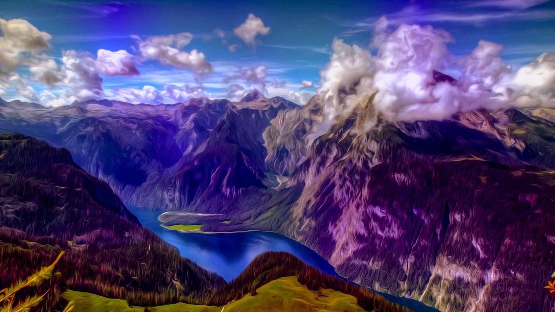 Psychedelic Nature 桌布 壁紙 — 一個充滿活力的山谷，蜿蜒的藍色湖泊坐落在紫色山峰之間，天空壯麗。