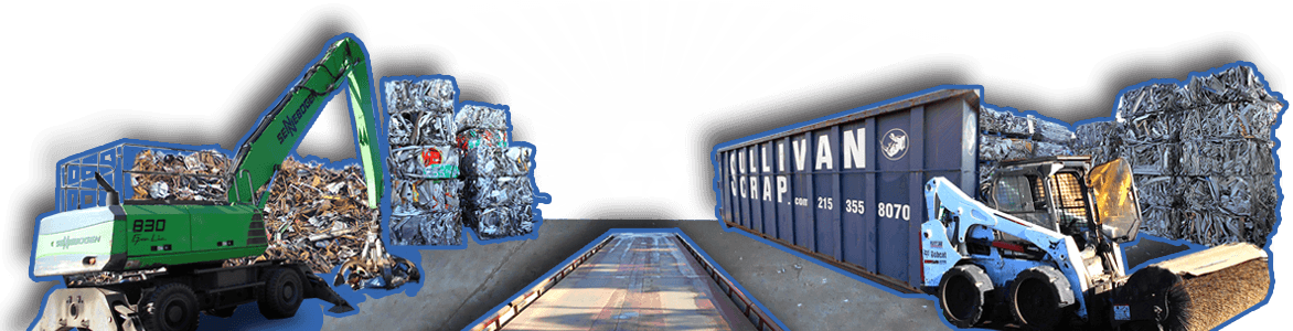 金屬質感 桌布 壁紙 — 一個充滿活力的工業回收場景，重型機械在醒目的太陽光輝和回收標誌下處理壓縮金屬捆。