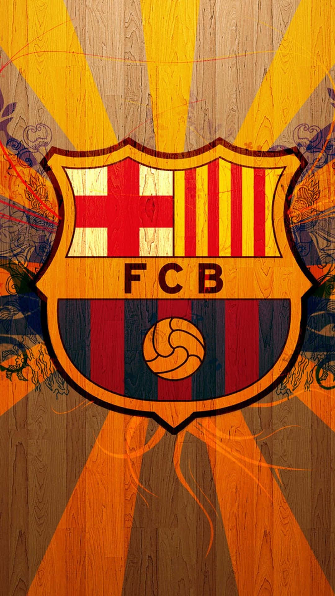 Barcelona 桌布 壁紙 — 一個充滿活力的巴塞隆納足球俱樂部徽章，置中於木紋質感上，並帶有耀眼的黃色和橙色太陽光芒。