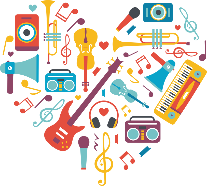 Musical Instrument 桌布 壁紙 — 一個充滿活力的平面插圖，描繪了散落在黑色背景上的樂器和設備。
