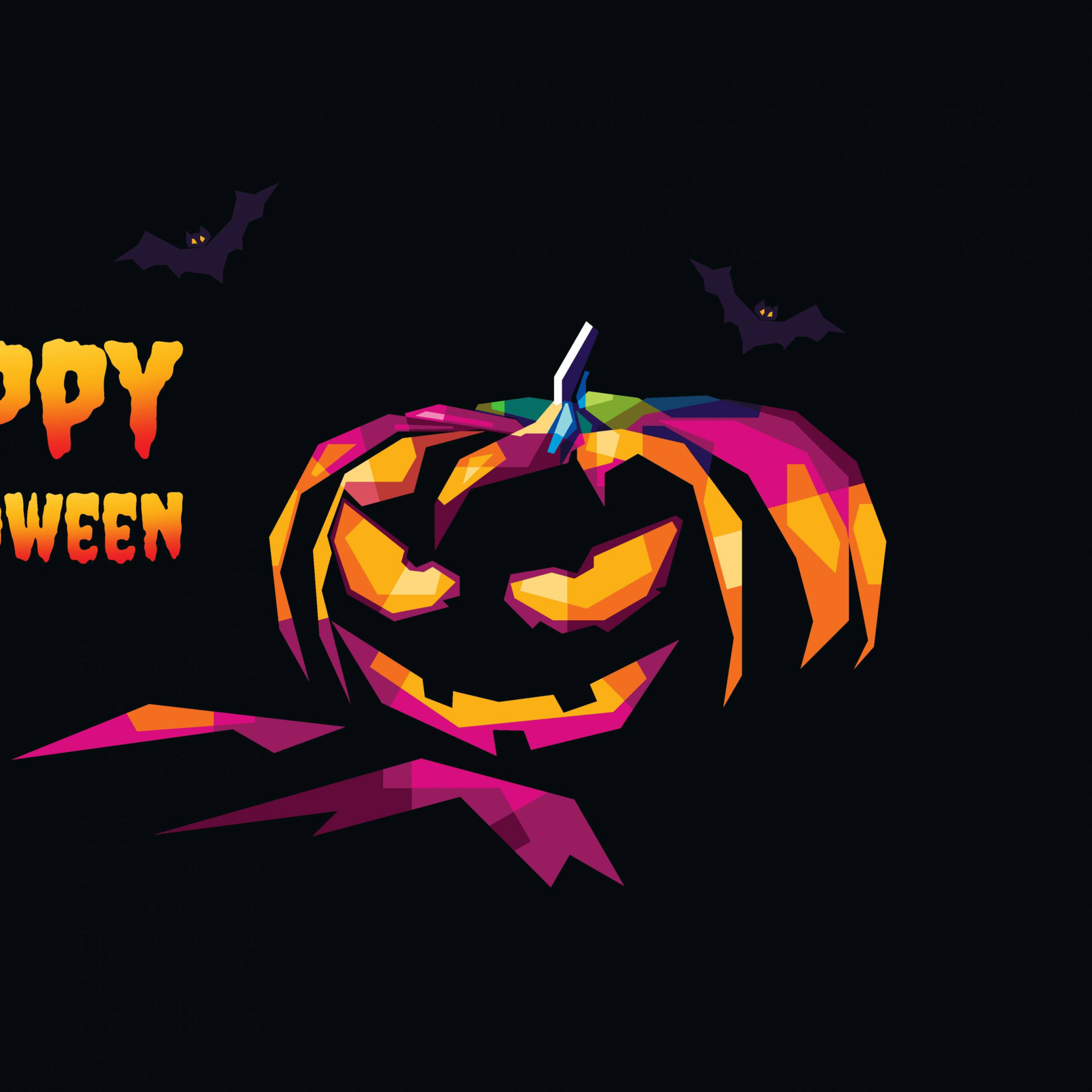 Happy Halloween 桌布 壁紙 — 一個充滿活力的幾何南瓜燈，帶有發光的橙色眼睛和鋸齒狀的笑容，背景為黑色，有飛翔的蝙蝠。