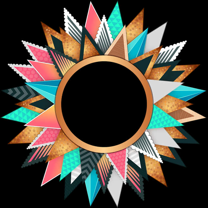 Circle Border 桌布 壁紙 — 一個充滿活力的幾何太陽爆發框架，帶有彩色圖案三角形，從金色圓圈向黑色背景輻射。