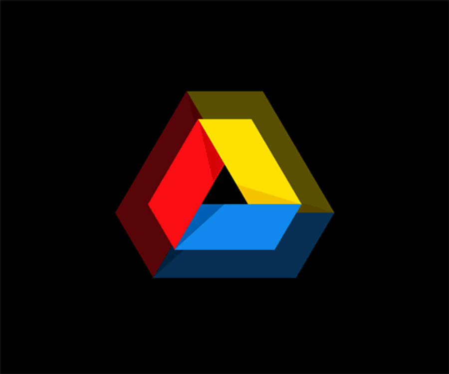 Google Drive 桌布 壁紙 — 一個充滿活力的幾何幻覺，三個相互交錯的彩色三角形在黑色背景上形成一個六邊形。