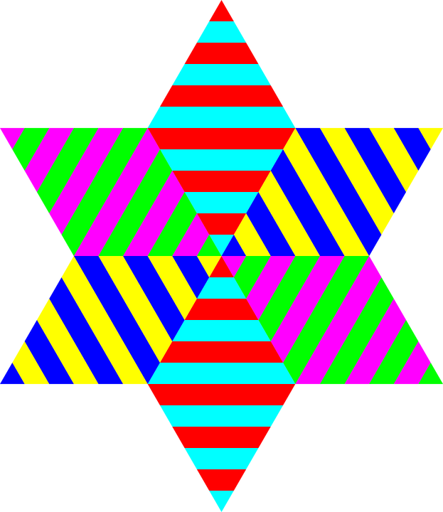 Geometric Pattern 桌布 壁紙 — 一個充滿活力的幾何星星，帶有紅色、青色、綠色、洋紅色、藍色和黃色的粗條紋圖案，背景為黑色。