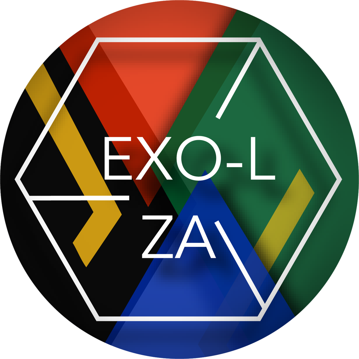 EXO 桌布 壁紙 — 一個充滿活力的幾何標誌，六邊形分為紅色、綠色、藍色和黑色部分，並帶有白色文字 EXO-L ZA。