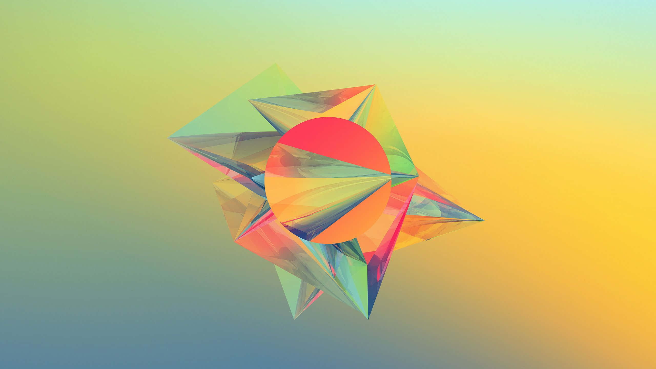 Geometric Shapes 桌布 壁紙 — 一個充滿活力的幾何水晶形狀，帶有紅色圓形核心，漂浮在柔和的漸變天空背景上。