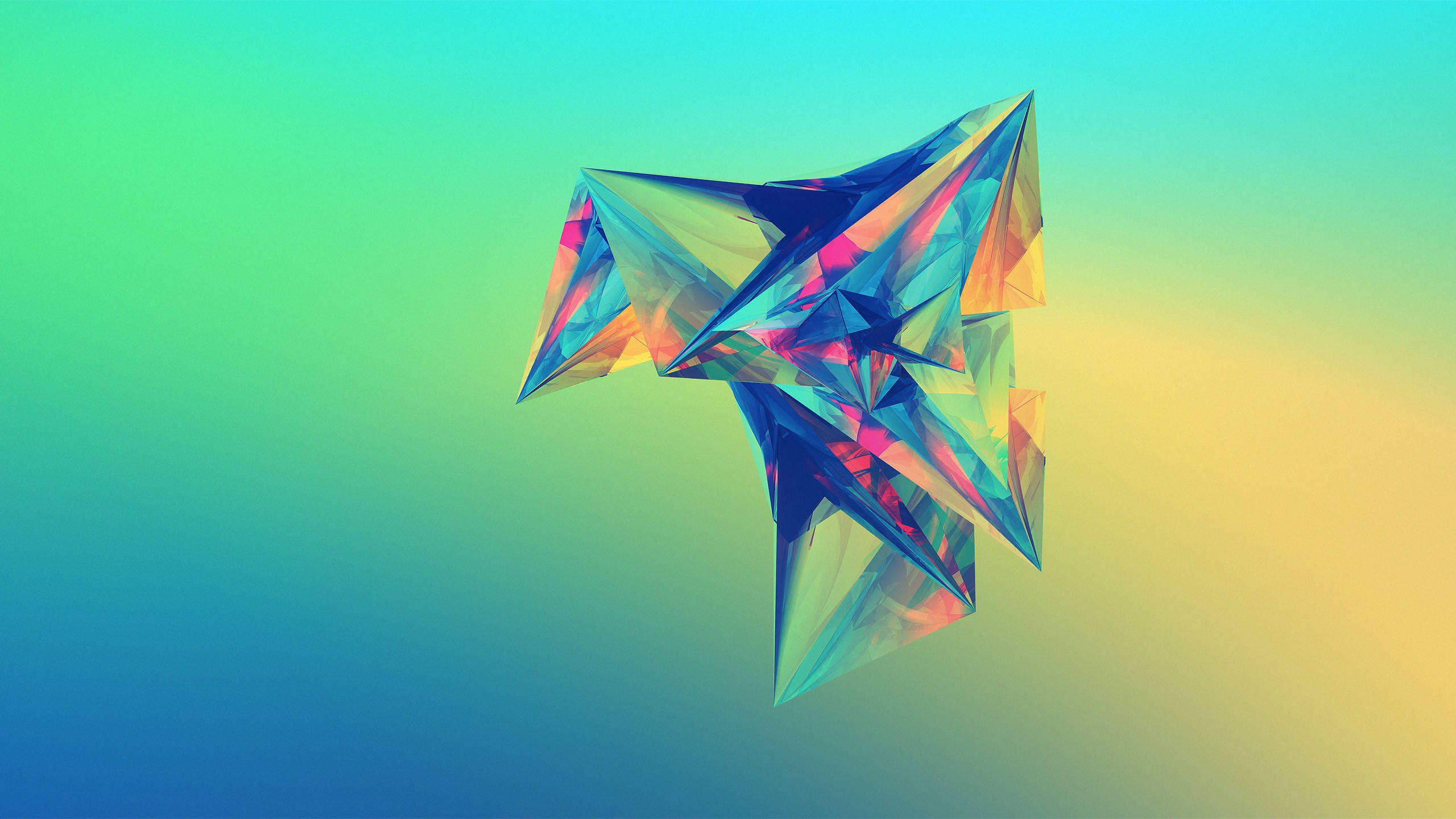 Simple Geometric Phone 桌布 壁紙 — 一個充滿活力的幾何水晶形狀漂浮在從青綠色到黃色的漸變背景上。