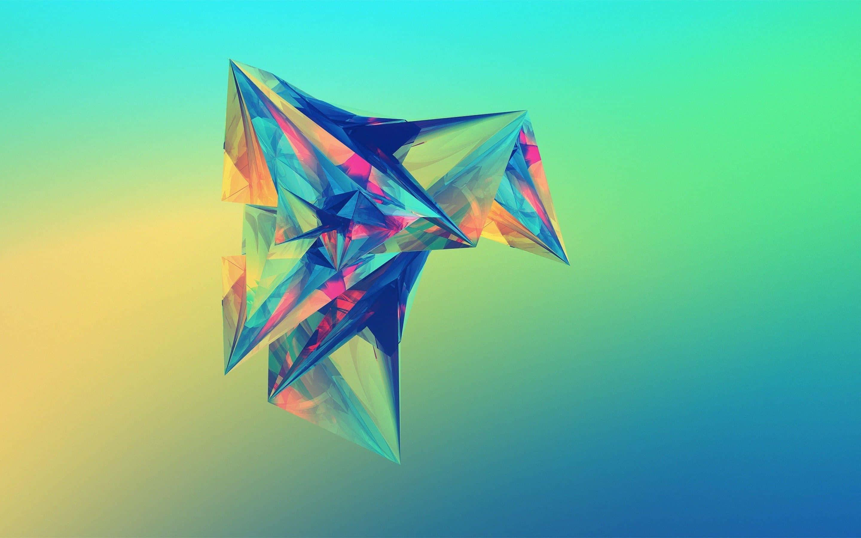 Polygon 桌布 壁紙 — 一個充滿活力的幾何水晶形狀漂浮在青綠色、黃色和藍色的漸變天空上。