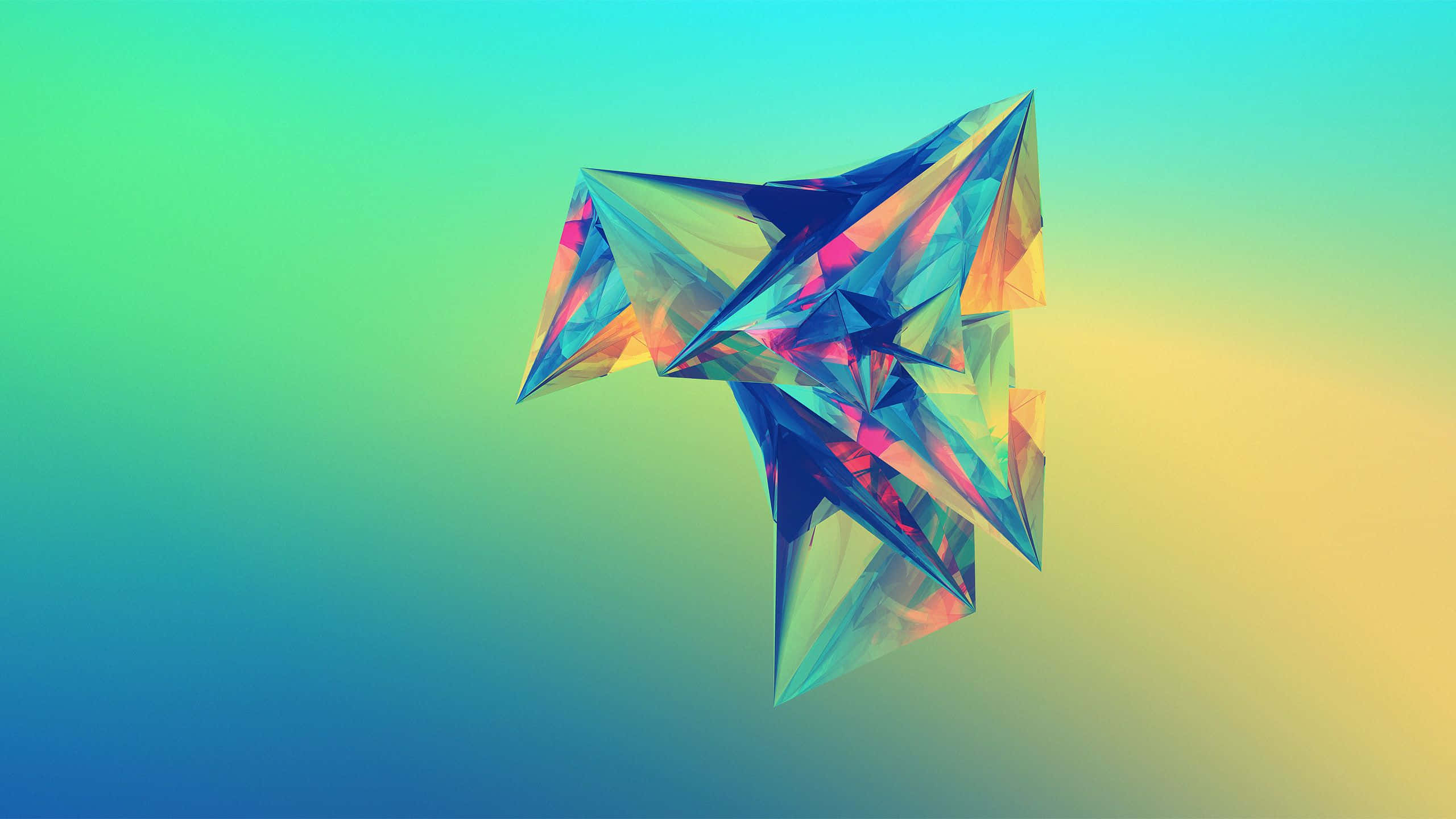 Geometric Shapes 桌布 壁紙 — 一個充滿活力的幾何水晶形狀漂浮在從青綠色到黃色的漸變背景上。
