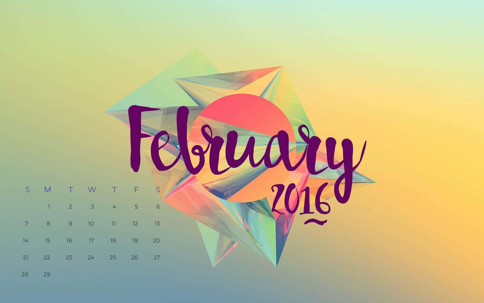 二月 桌布 壁紙 — 一個充滿活力的幾何水晶星，帶有紫色2016年2月文字，疊加在帶有日曆網格的漸變背景上。