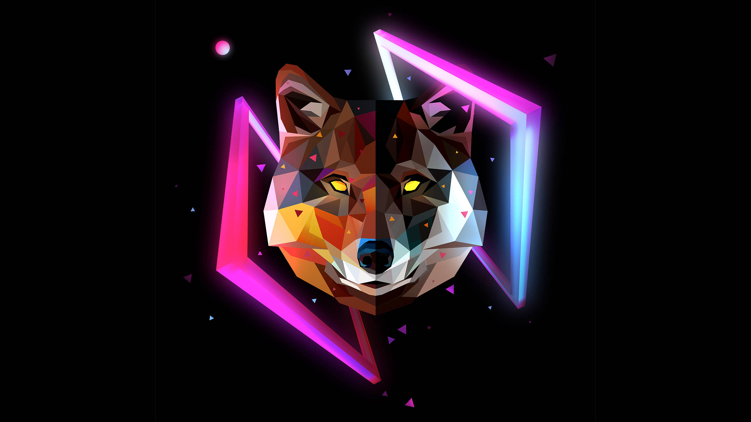 Polygon 桌布 壁紙 — 一個充滿活力的幾何狼頭，帶有發光的霓虹粉紅和藍色框架，背景為黑色。