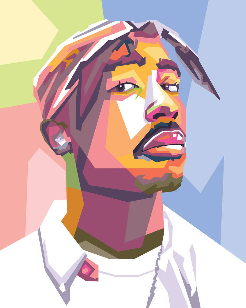 tupac 桌布 壁紙 — 一個充滿活力的幾何肖像，描繪一位留著辮子、身穿白襯衫的男子，背景為色彩繽紛的抽象圖案。
