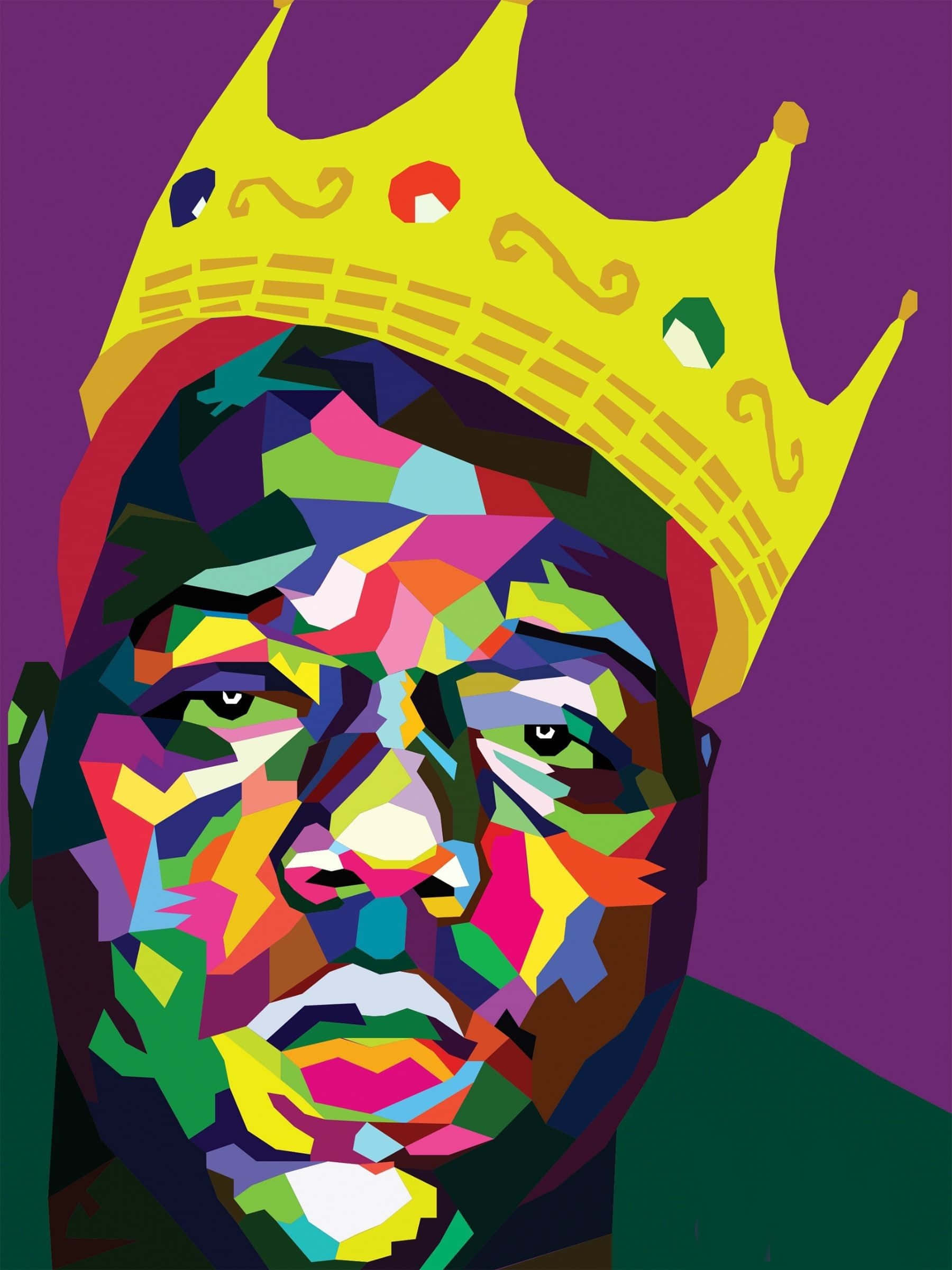 Rappers 桌布 壁紙 — 一個充滿活力的幾何肖像，描繪一位戴著王冠的男子，臉上有多彩的角形切面，背景為深紫色。