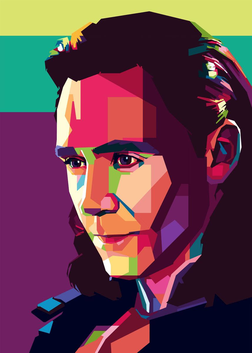Tom 桌布 壁紙 — 一個充滿活力的幾何肖像，描繪一名男子帶有彩色棱角面，背景為大膽的多色背景。