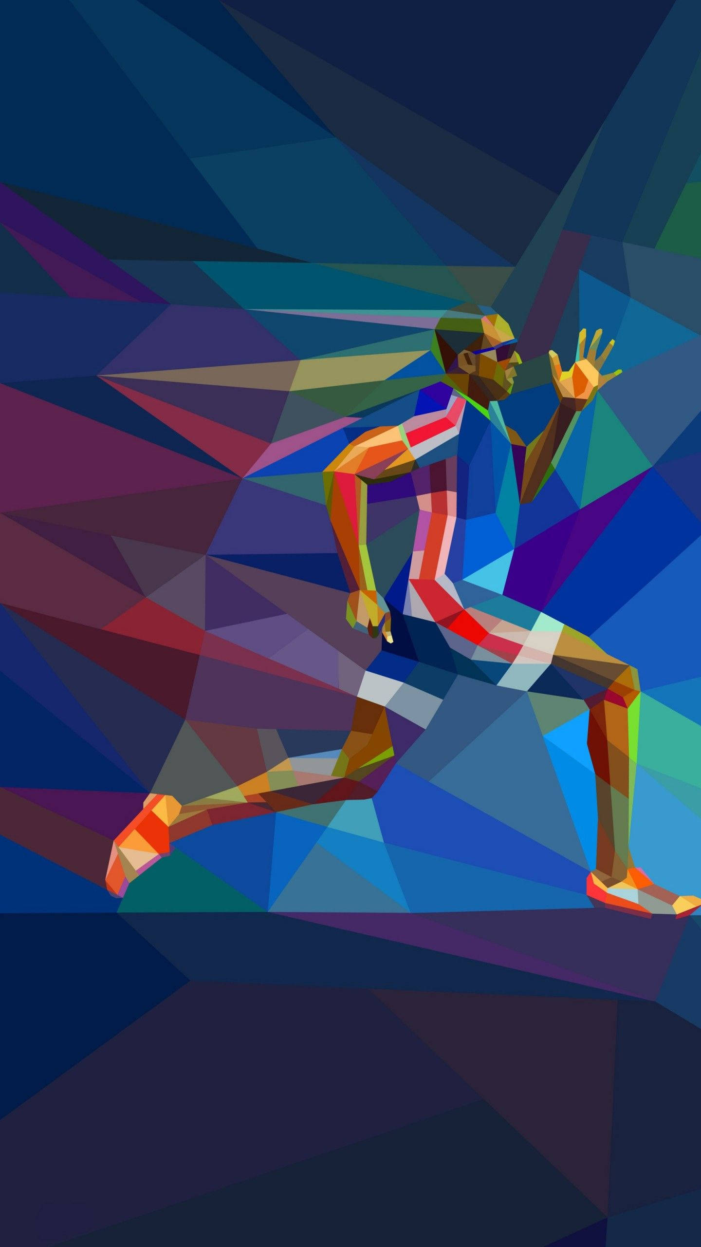 Athletic 桌布 壁紙 — 一個充滿活力的幾何跑步者，在動態的多色多邊形背景中移動。