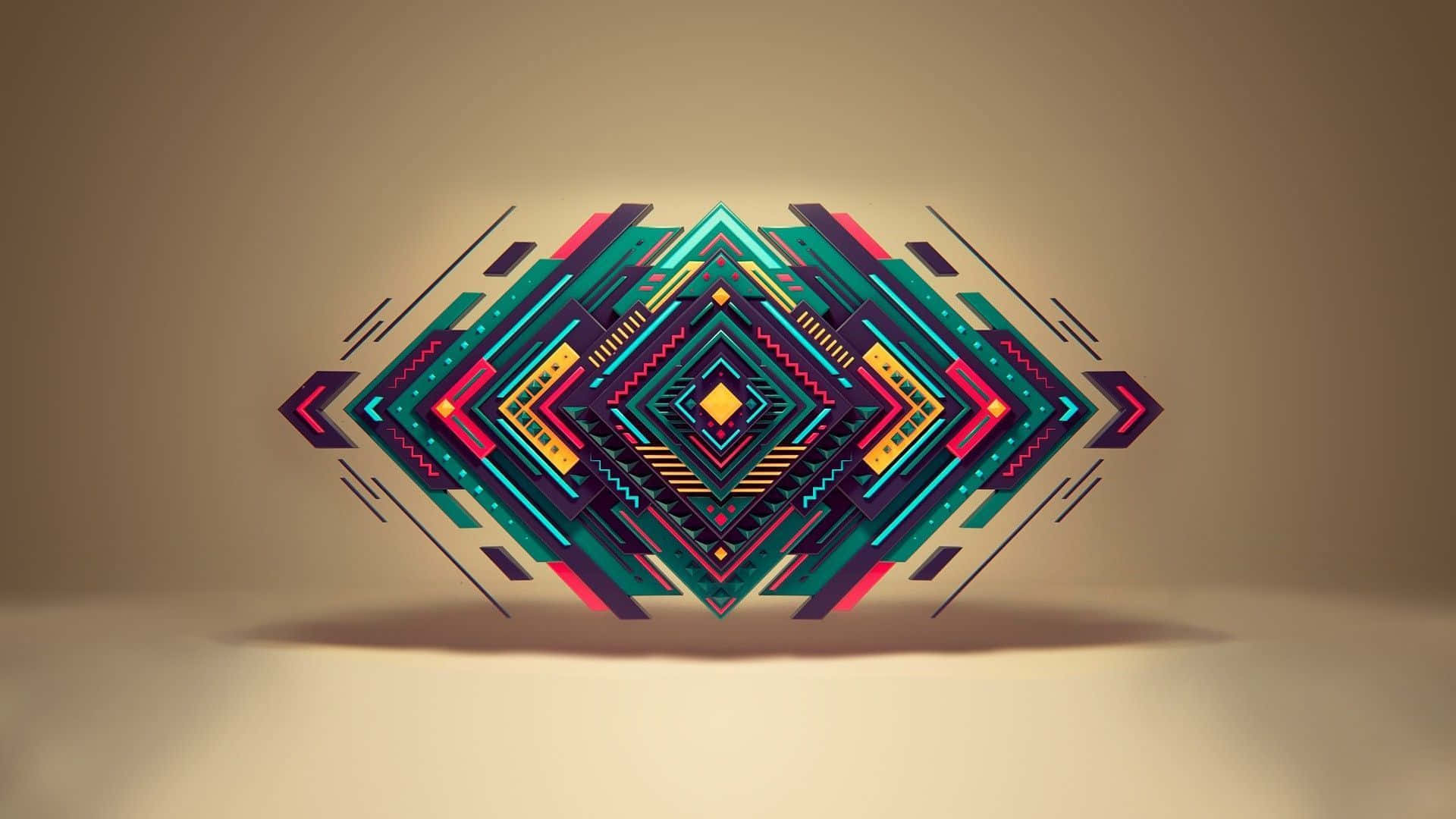 Shapes 桌布 壁紙 — 一個充滿活力的幾何鑽石圖案，帶有層疊的霓虹青綠、粉紅和金色形狀，漂浮在柔和的米色背景上。