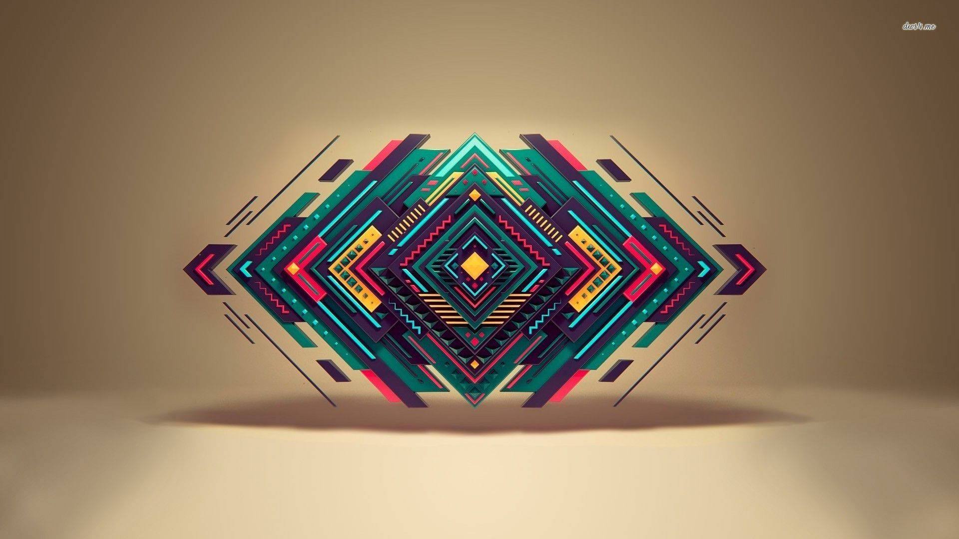 Geometric 桌布 壁紙 — 一個充滿活力的幾何鑽石圖案，帶有霓虹青綠色、粉紅色和金色條紋，從黃色核心向溫暖的米色背景輻射。