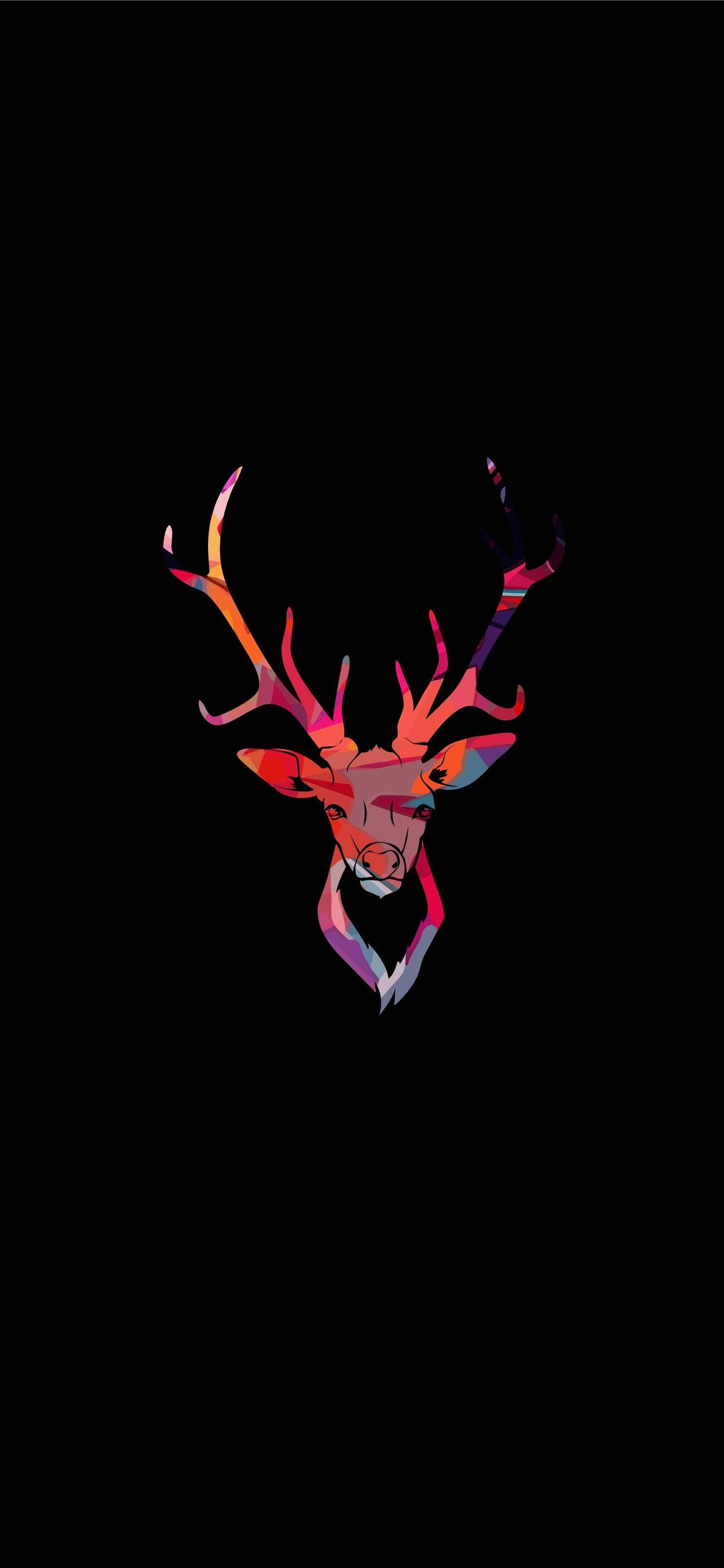 Deer iPhone 桌布 壁紙 — 一個充滿活力的幾何鹿頭，帶有彩虹色調，在純黑背景上脫穎而出。