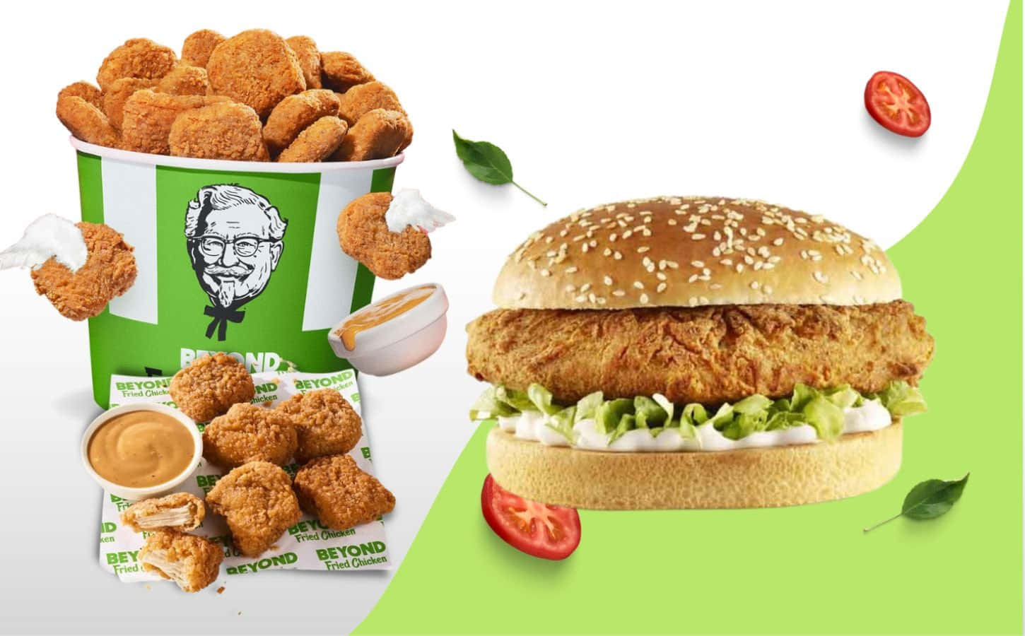 肯德基 桌布 壁紙 — 一個充滿活力的廣告，展示一桶Beyond Fried Chicken雞塊和一個芝麻漢堡，配以新鮮生菜、番茄和醬汁，背景為乾淨的綠色和白色。
