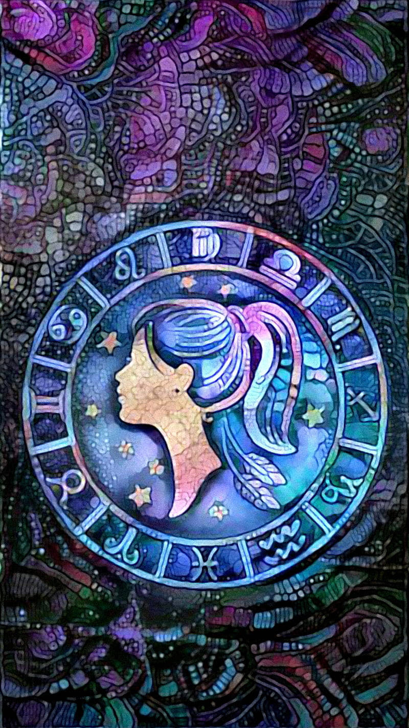 Virgo 桌布 壁紙 — 一個充滿活力的彩繪玻璃風格黃道輪， featuring 一位側面輪廓的女性，飄逸的頭髮被星座和占星符號環繞。