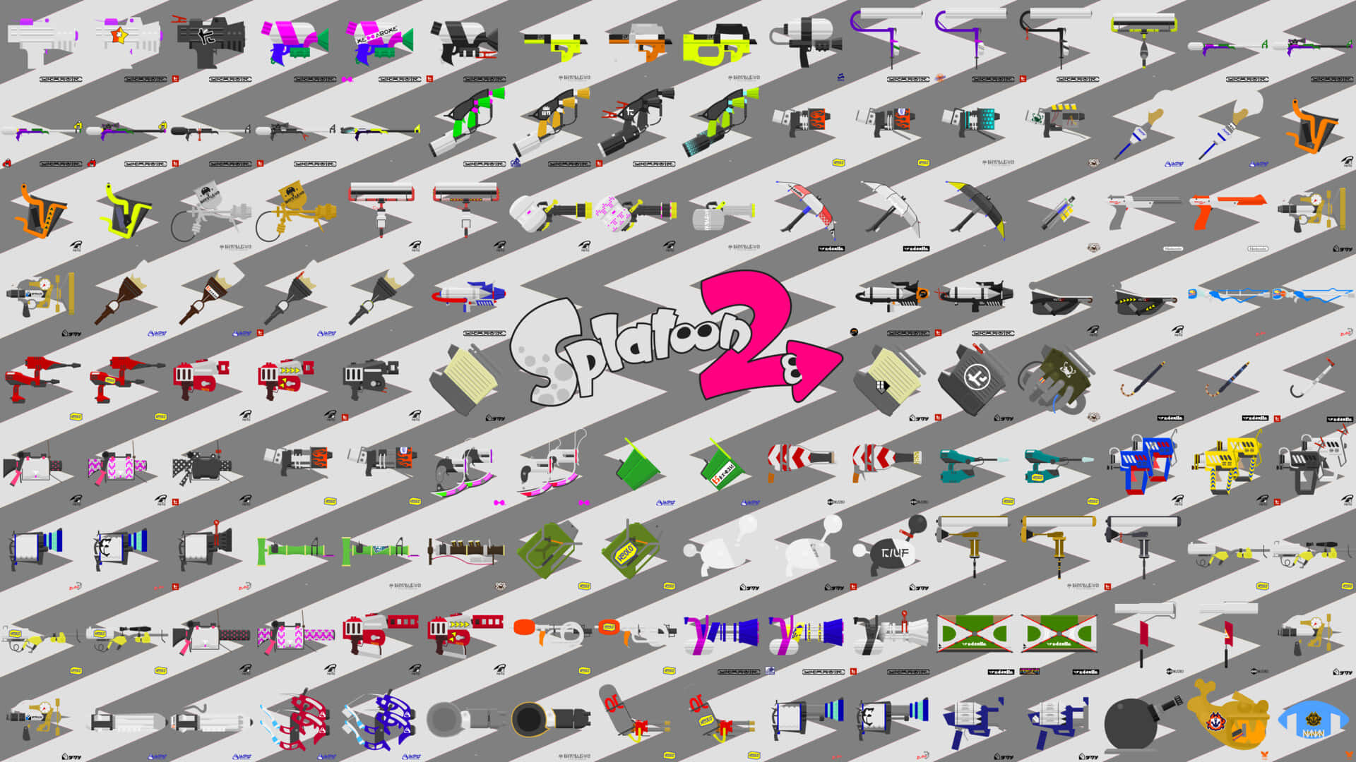 斯普拉遁 桌布 壁紙 — 一個充滿活力的彩色Splatoon 2武器網格，顯示在灰色斜紋背景上。