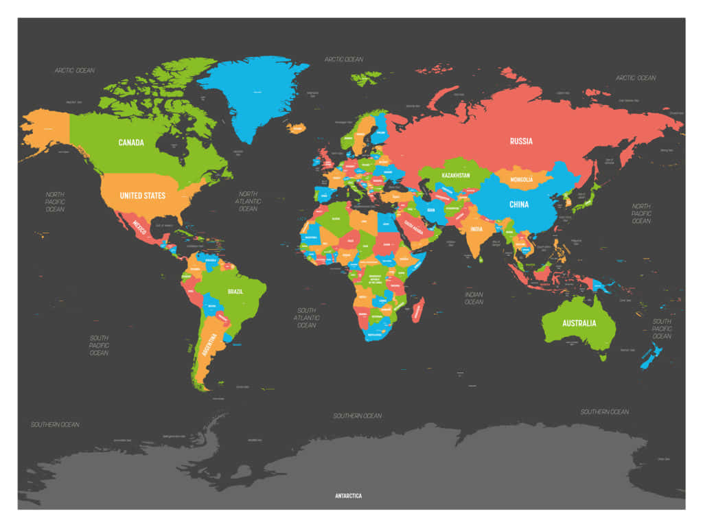 Map 桌布 壁紙 — 一個充滿活力的彩色世界地圖，國家標有標籤，海洋在深灰色背景上。