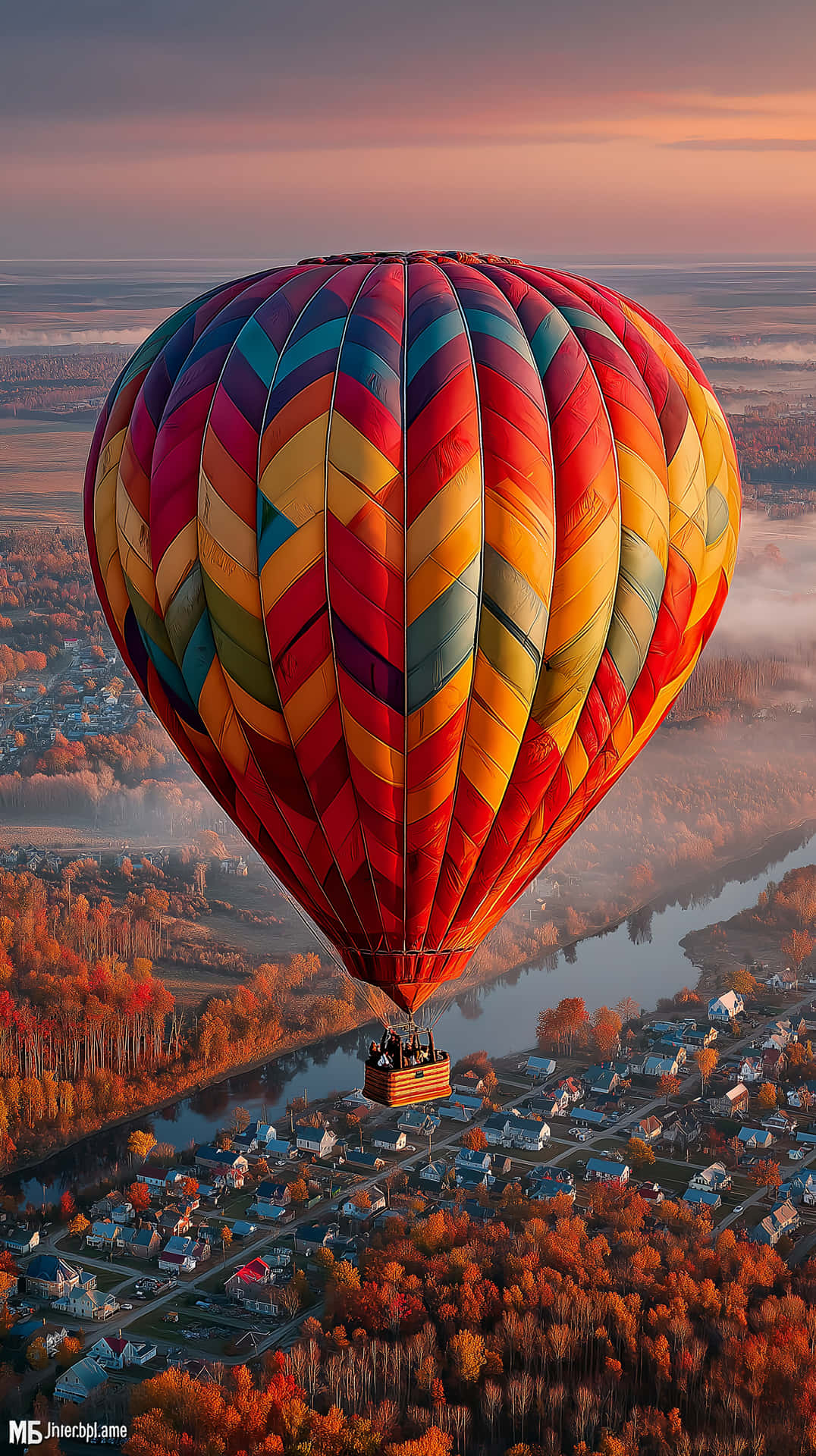 Mountain Balloon Ride 壁紙 — 一個充滿活力的彩色熱氣球漂浮在霧氣瀰漫的秋日山谷上空，下方有蜿蜒的河流和散落的房屋。