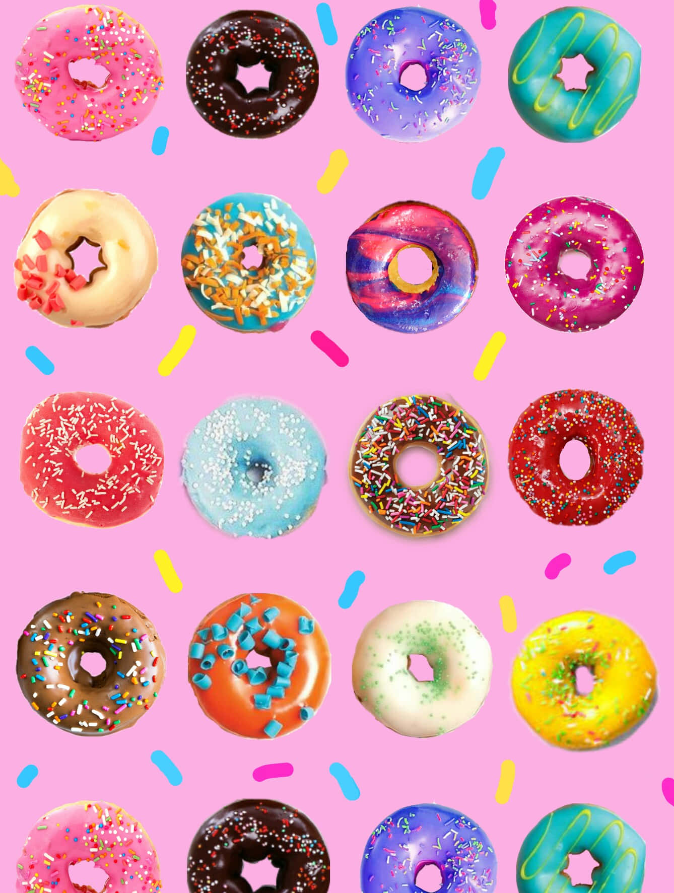 Cute Donut 桌布 壁紙 — 一個充滿活力的彩色甜甜圈網格，配有多種糖霜和裝飾，背景是俏皮的粉紅色。