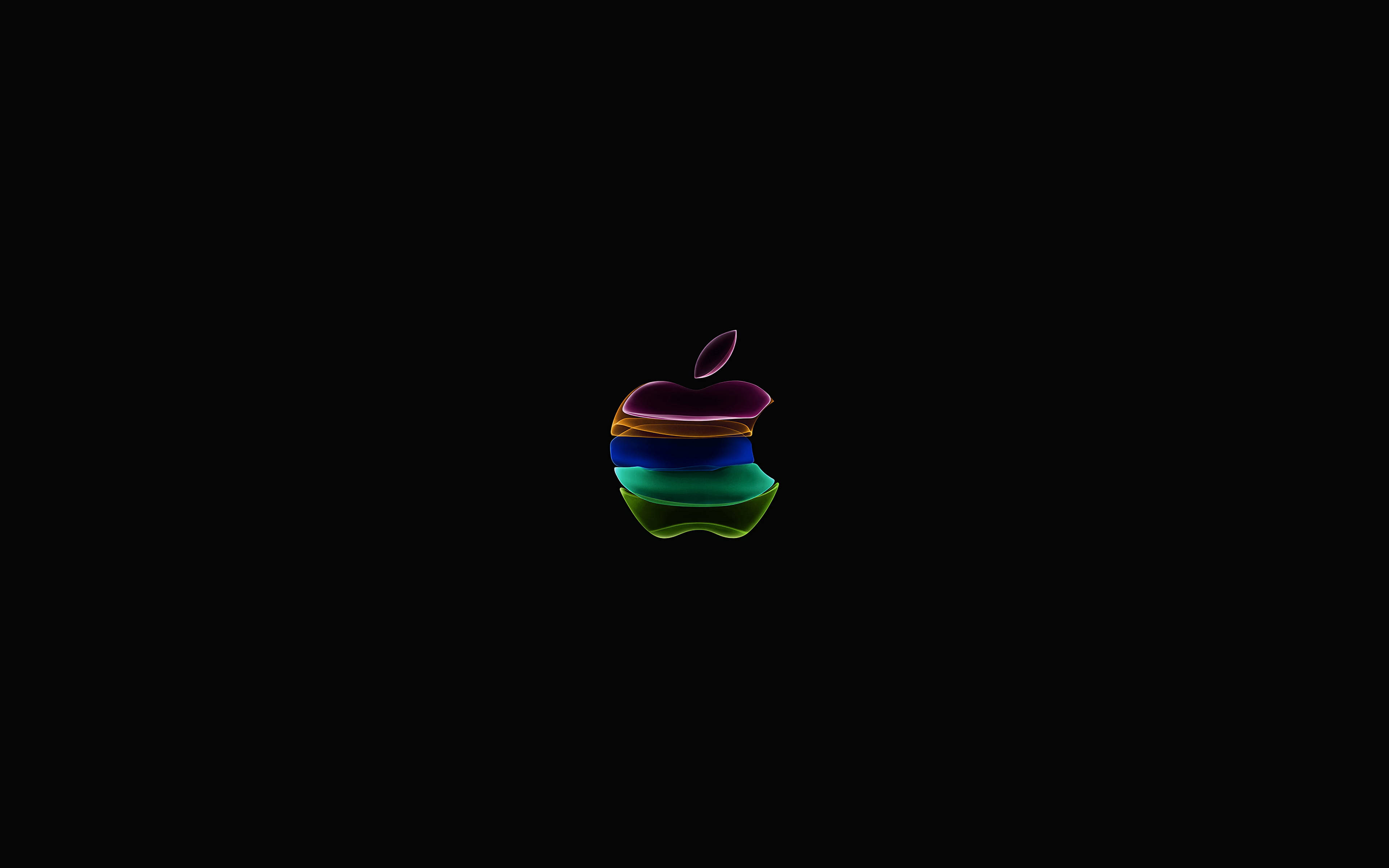 高清 桌布 壁紙 — 一個充滿活力的彩虹Apple標誌在純黑色背景上發光，帶有平滑的漸變顏色。