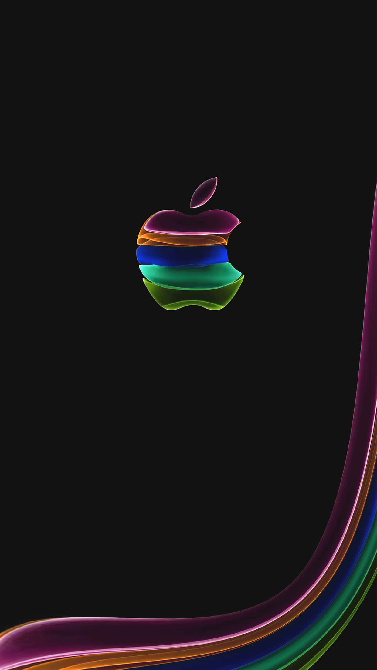 iPhone 桌布 壁紙 — 一個充滿活力的彩虹Apple標誌漂浮在黑色背景上，一條色彩繽紛的彎曲絲帶從右下角流動。