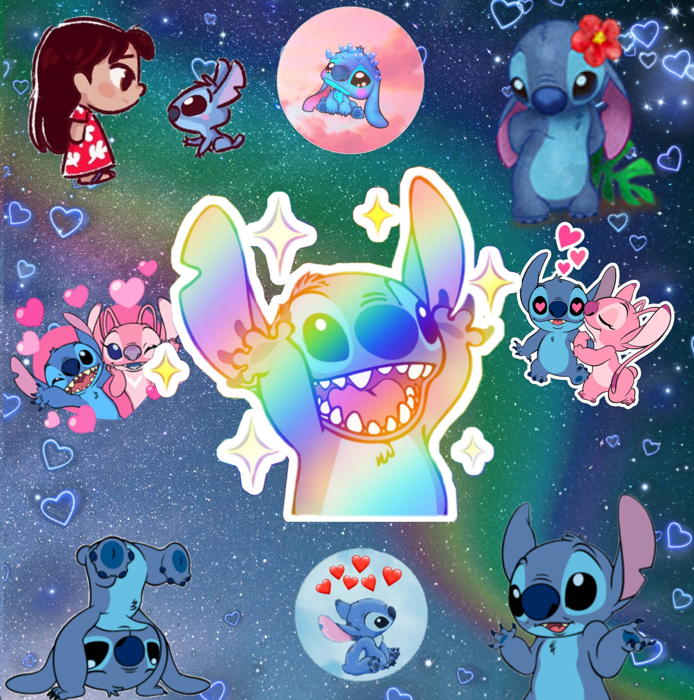 迪士尼角色 桌布 壁紙 — 一個充滿活力的彩虹史迪奇貼紙從星際宇宙背景中迸發出來，周圍環繞著漂浮的心形和各種史迪奇角色。