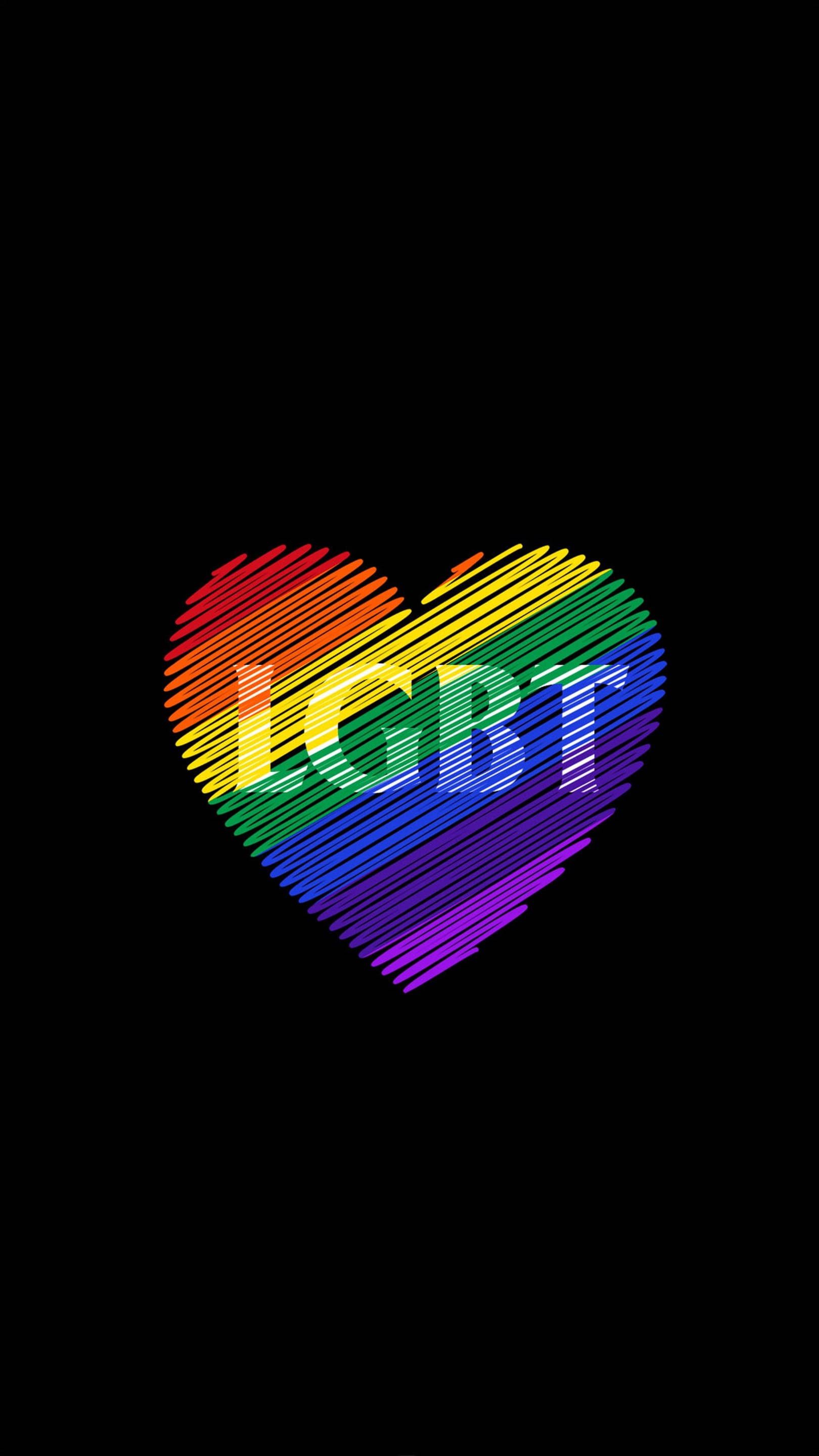 黑色背景上帶有LGBT文字的彩虹心形 — 彩虹 GIF 壁紙